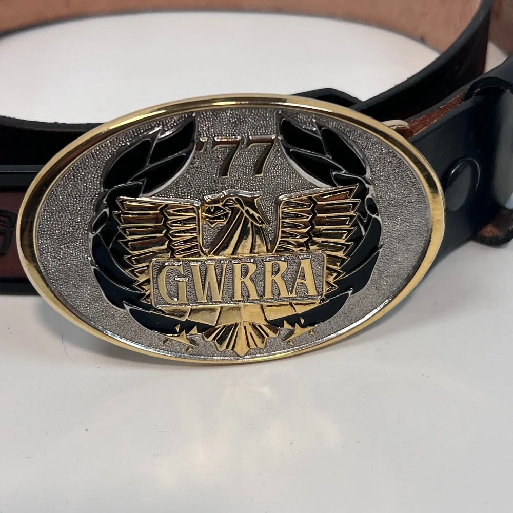 GWRRA 77 Eagle Biker Belt‎ Buckle w/ Gold Wing Embossed Leather Belt USA Made